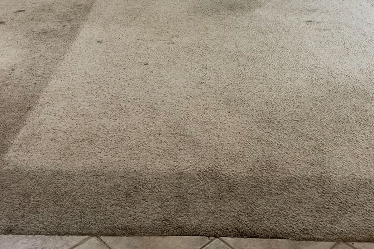 Heavily soiled high-traffic carpet area before deep extraction carpet cleaning in an Orange County living room