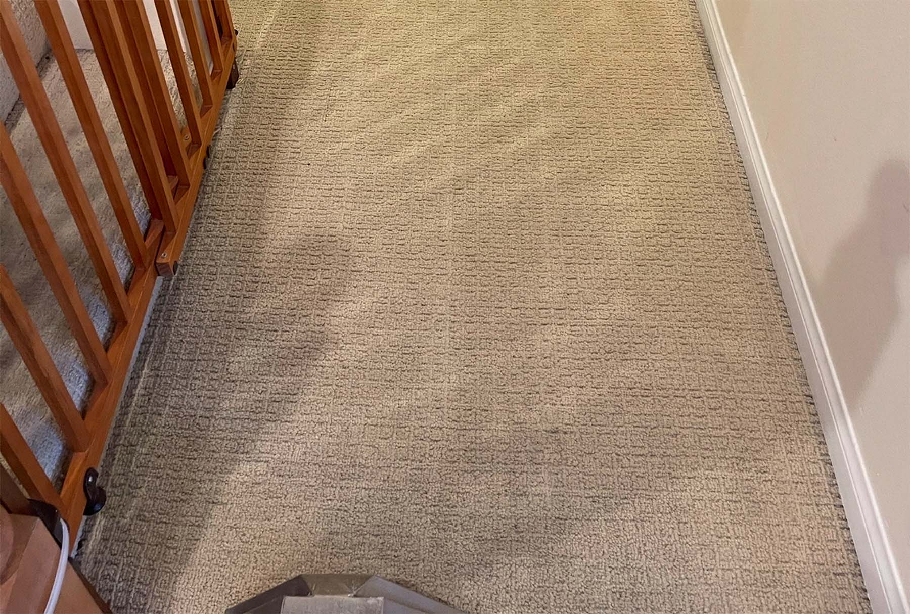 Restored beige hallway carpet after expert carpet repair in Orange County—wrinkles removed and surface deep cleaned using non-toxic, eco-friendly methods.