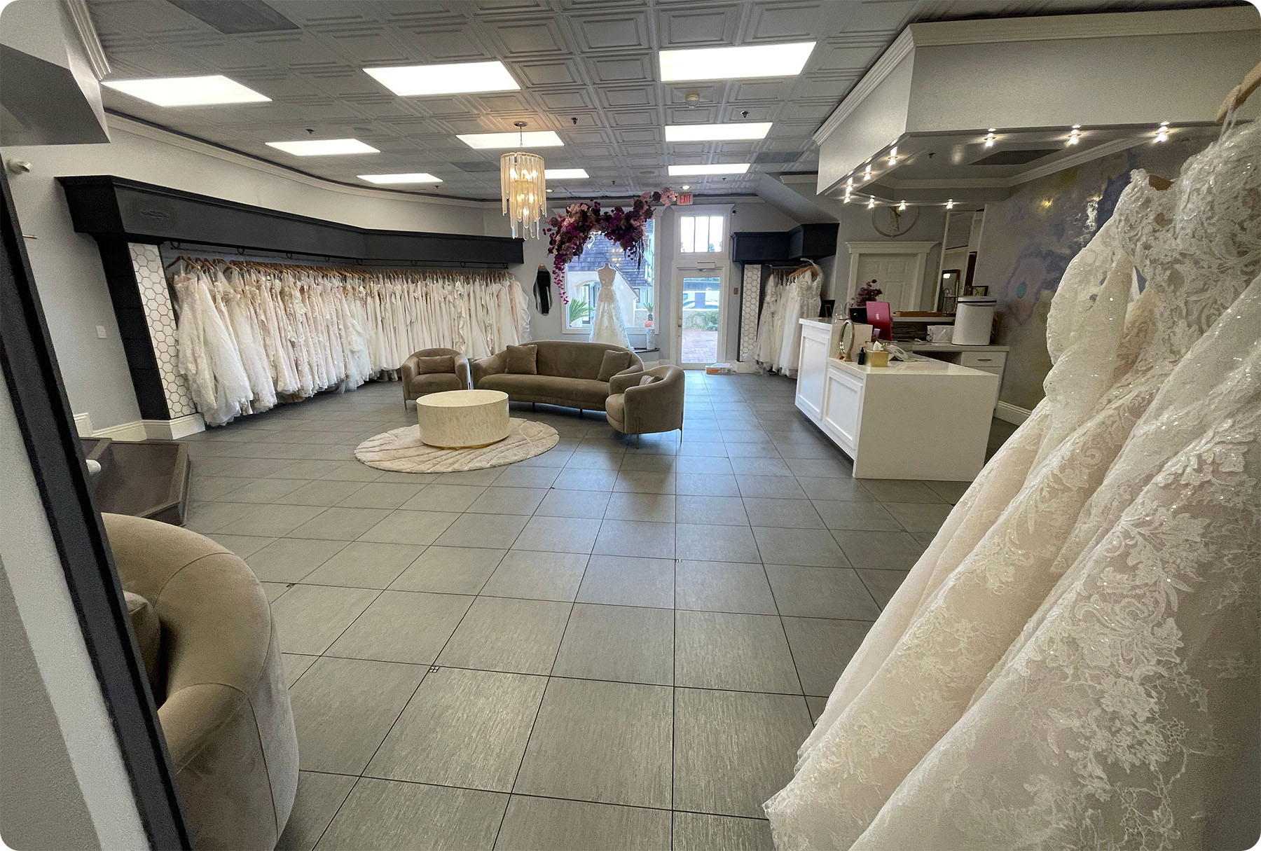 Bridal shop tile floors restored after commercial tile and grout cleaning, leaving surfaces brighter, cleaner, and ready for customers.